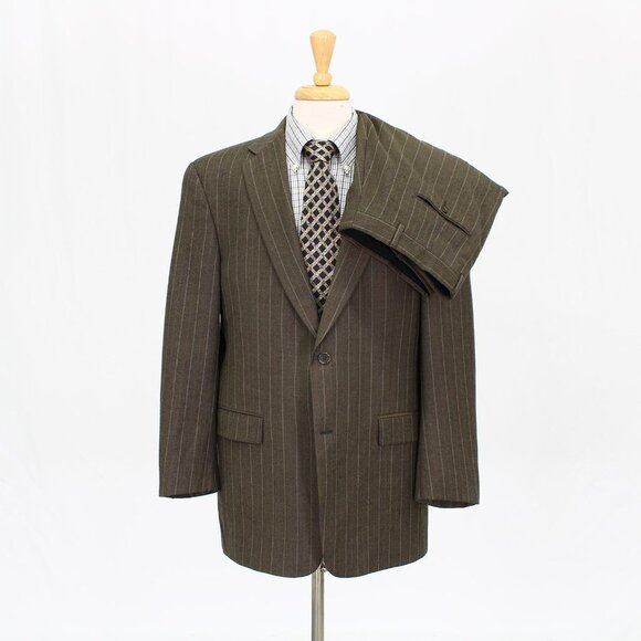 Hart Schaffner Marx 42R 36x28 Brown Full Suit Striped 2B Wool R125